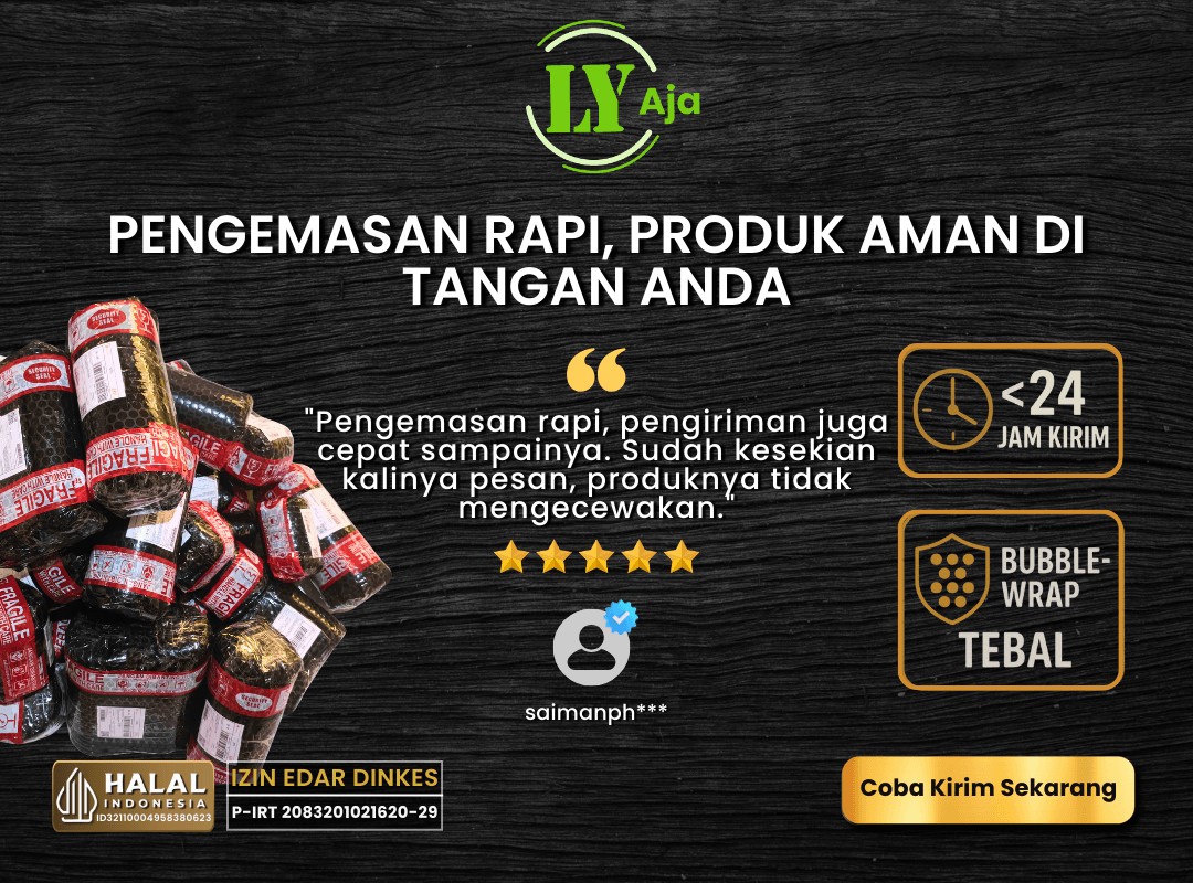 Pengemasan produk LY Aja selalu rapi dan aman saat diterima pelanggan Pelanggan LY Aja mengapresiasi pengemasan rapi dan produk yang selalu aman sampai tujuan