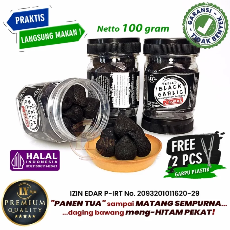 Bawang Hitam Tunggal dan Kating Kupas 100g – Peeled Black Garlic LY Aja, manis, sehat, dan tanpa pengawet
