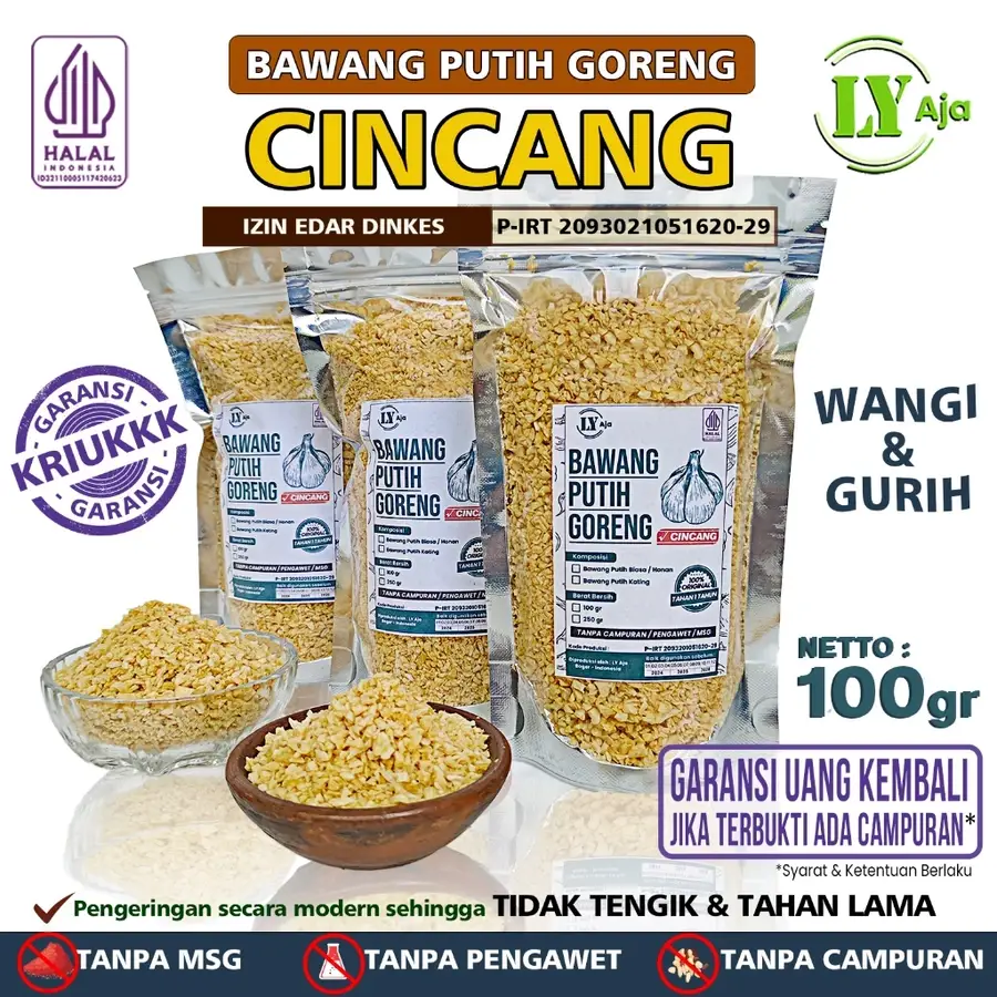 Bawang Putih Goreng Cincang LY Aja 100gr – Kating & Honan, wangi, gurih, kriuk, tanpa MSG & pengawet