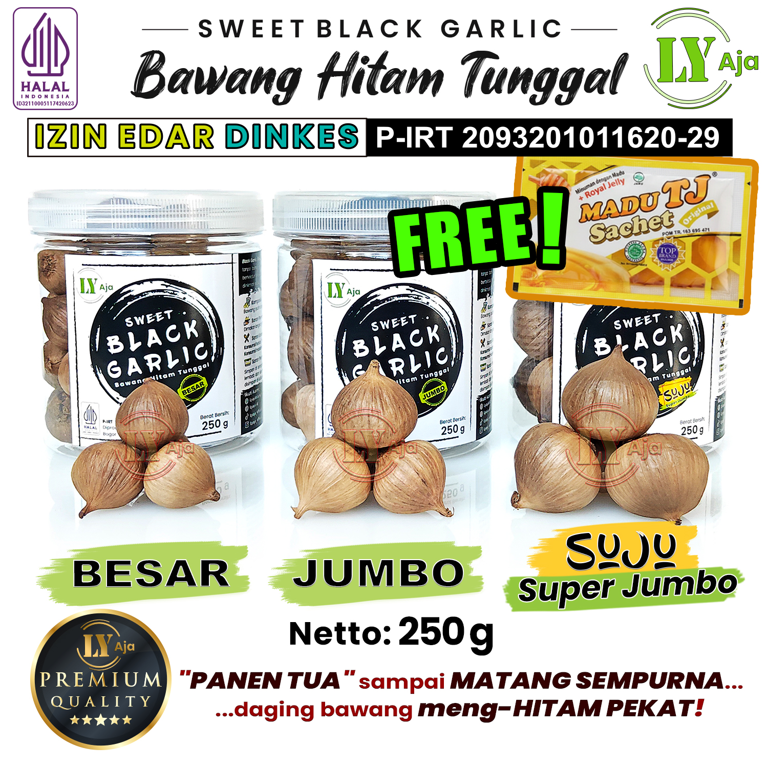 Bawang Hitam Tunggal LY Aja Sweet Black Garlic 250g Premium – Jumbo Besar Sedang Kecil Halal