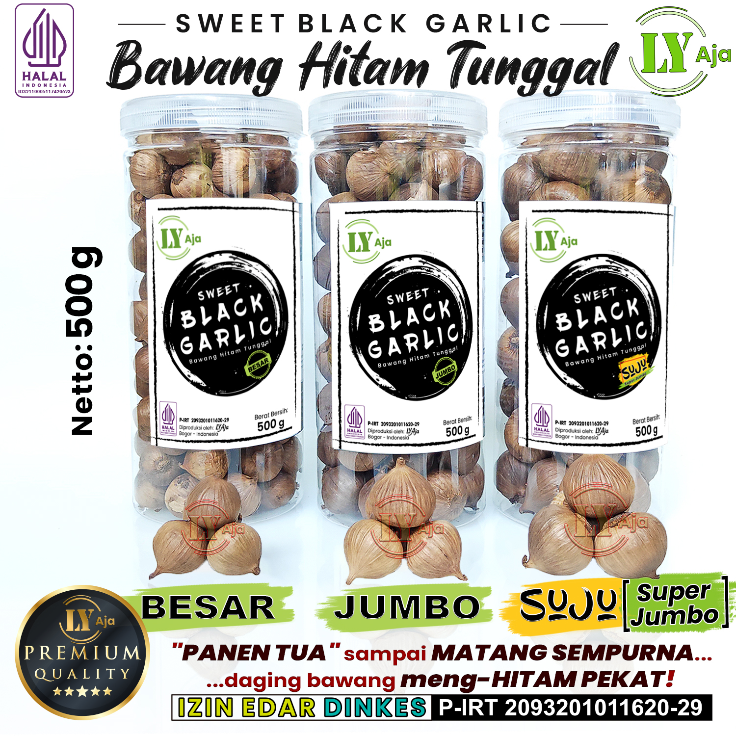 Bawang Hitam Tunggal LY Aja Sweet Black Garlic 500g Premium – Jumbo Besar Sedang Kecil Halal