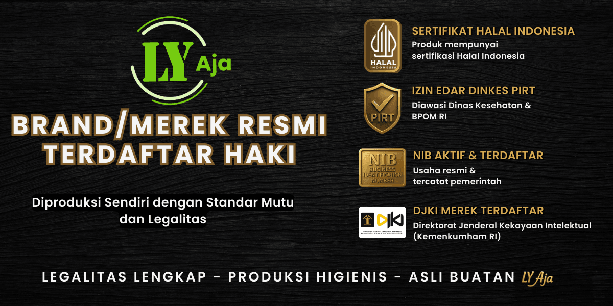 Beragam produk alami dari LY Aja seperti bawang hitam, teh bunga telang, rosella, daun tin, serta bumbu dapur siap saji, ditampilkan bersama sertifikat legalitas dan izin edar resmi, menunjukkan kualitas dan kepercayaan