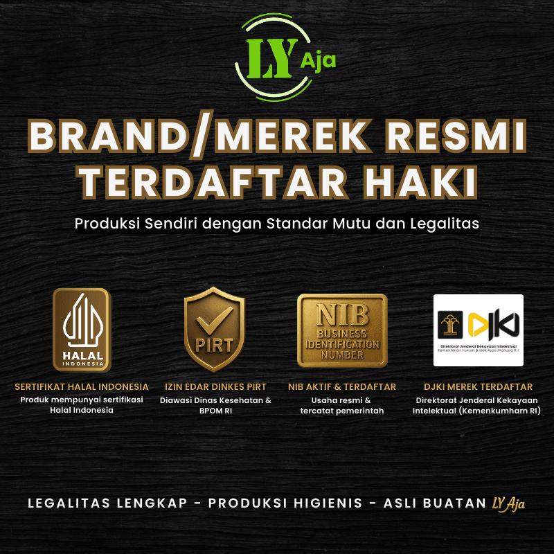 Beragam produk alami dari LY Aja seperti bawang hitam, teh bunga telang, rosella, daun tin, serta bumbu dapur siap saji, ditampilkan bersama sertifikat legalitas dan izin edar resmi, menunjukkan kualitas dan kepercayaan