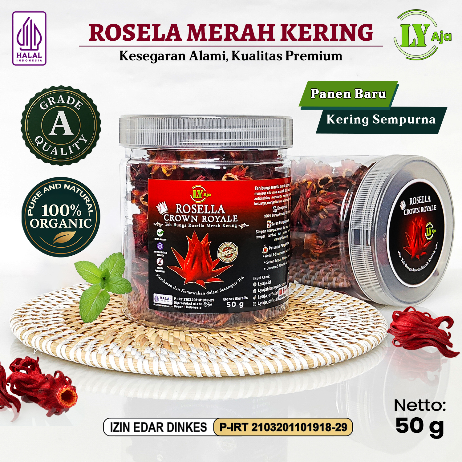 Teh Bunga Rosela Merah Kering LY Aja 50g – Herbal Premium Alami Halal