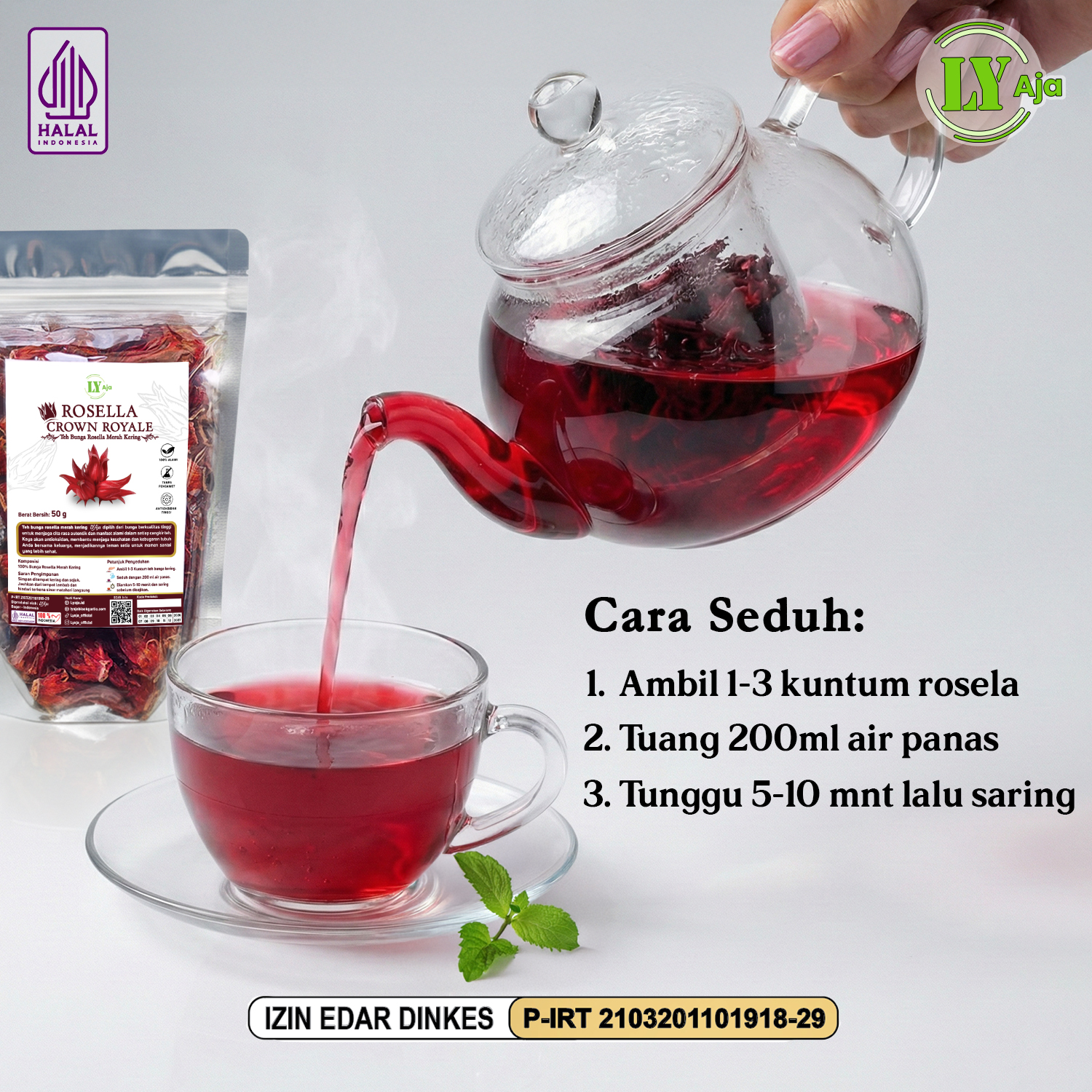 Teh Bunga Rosella Merah Kering Rosela Pouch Varian 50g-1kg LY Aja | Herbal Kaya Antioksidan - Gambar 3