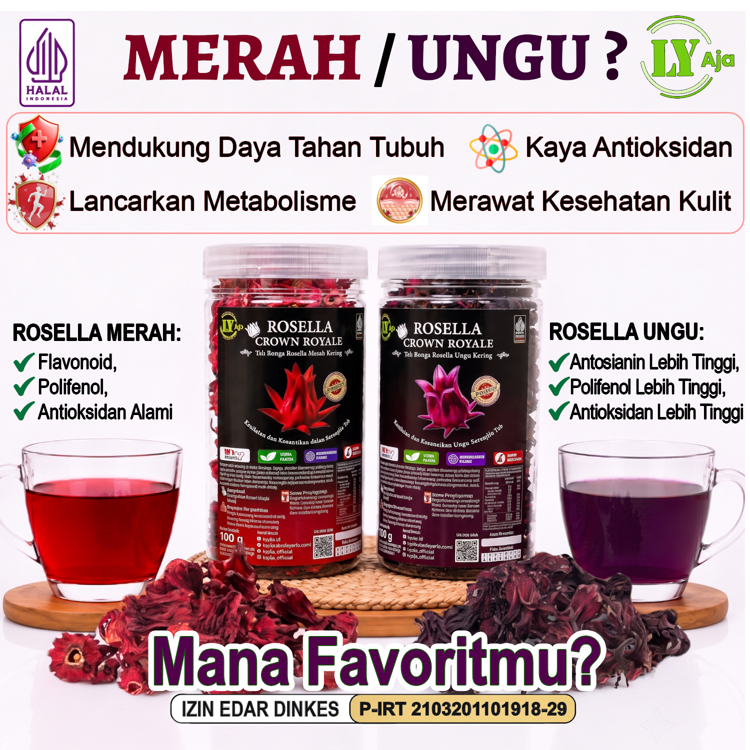 Teh Bunga Rosella Merah & Ungu Kering LY Aja Toples 50g & 100g - Image 3
