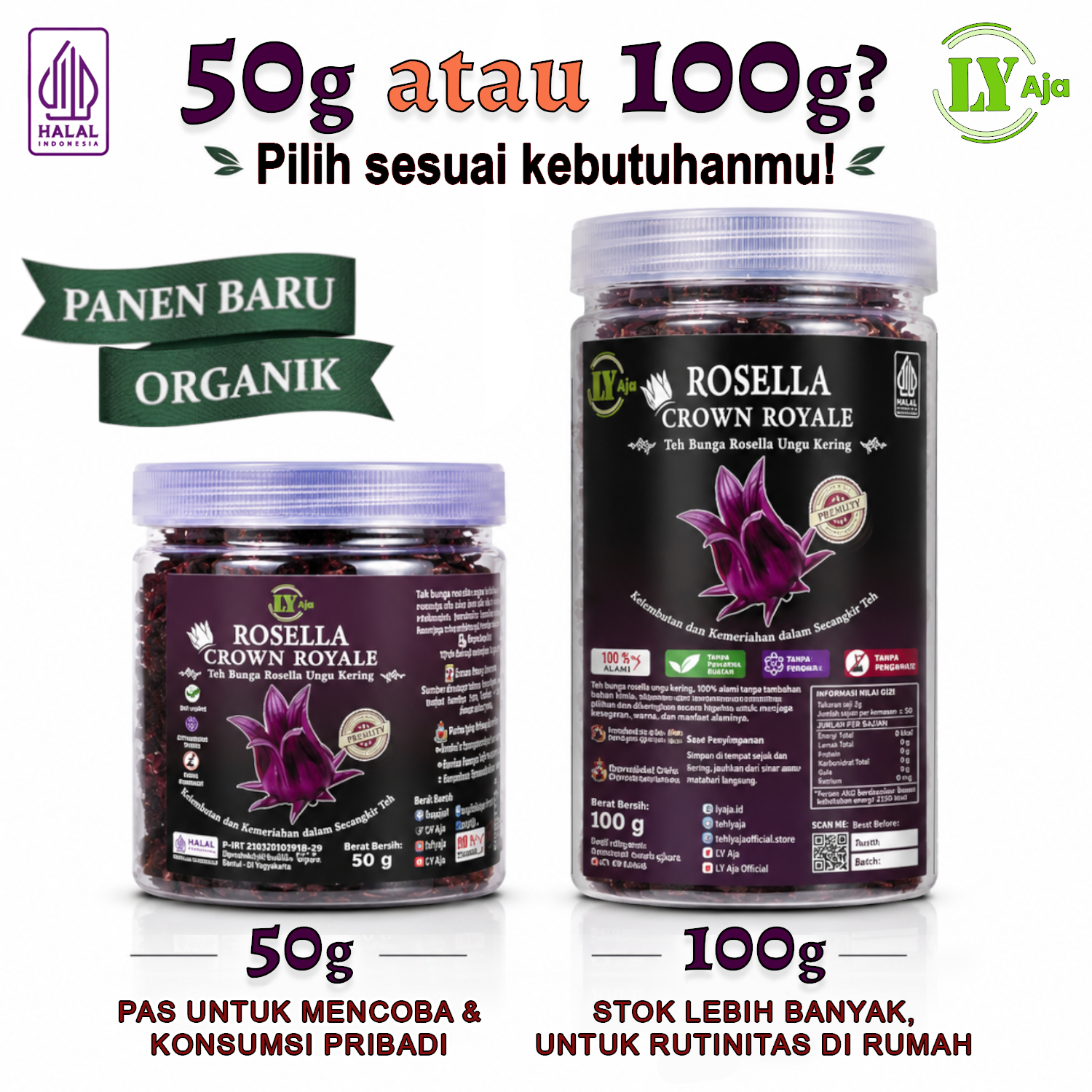 Teh Bunga Rosella Merah & Ungu Kering LY Aja Toples 50g & 100g - Image 4