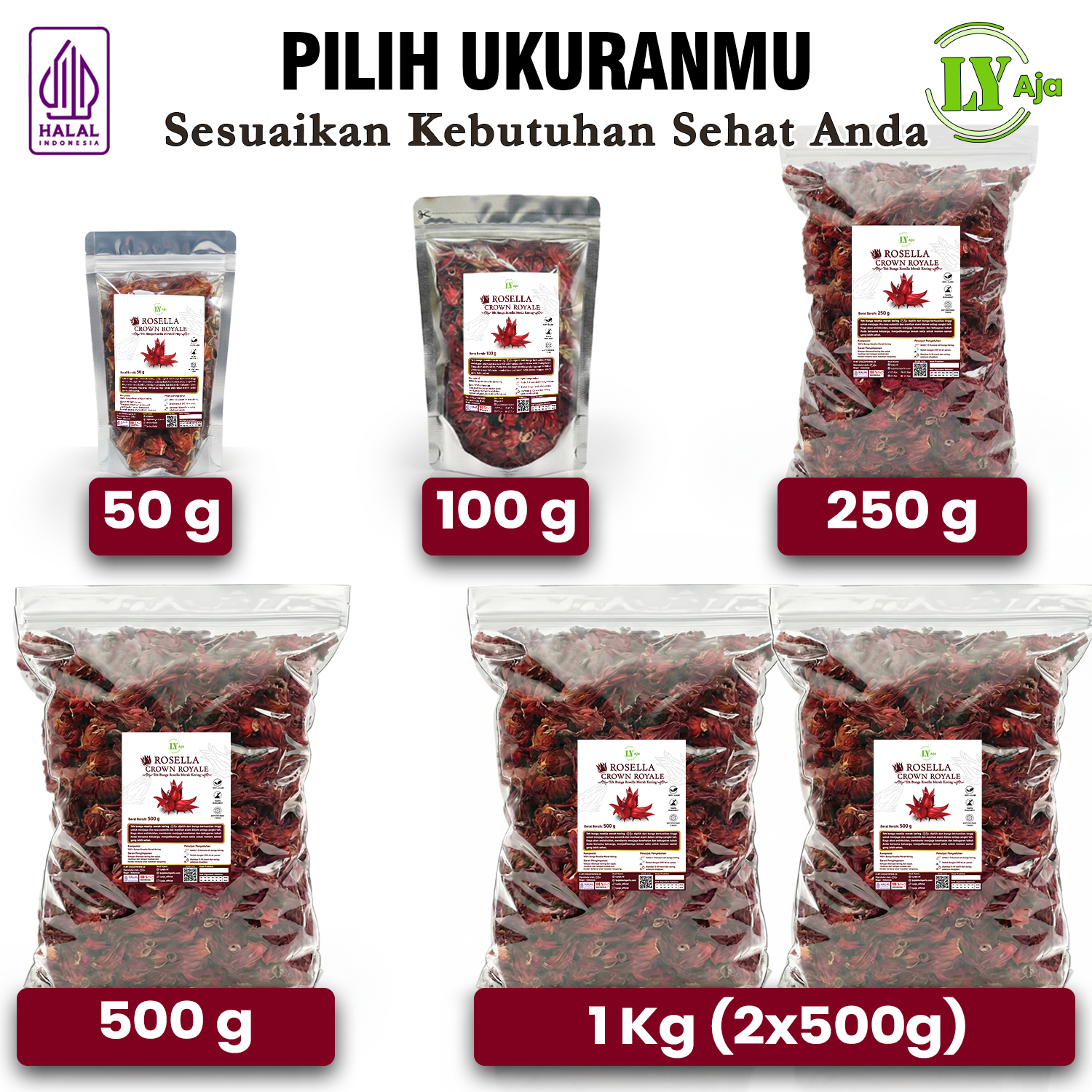 Teh Bunga Rosella Merah Kering Rosela Pouch Varian 50g-1kg LY Aja | Herbal Kaya Antioksidan - Gambar 4