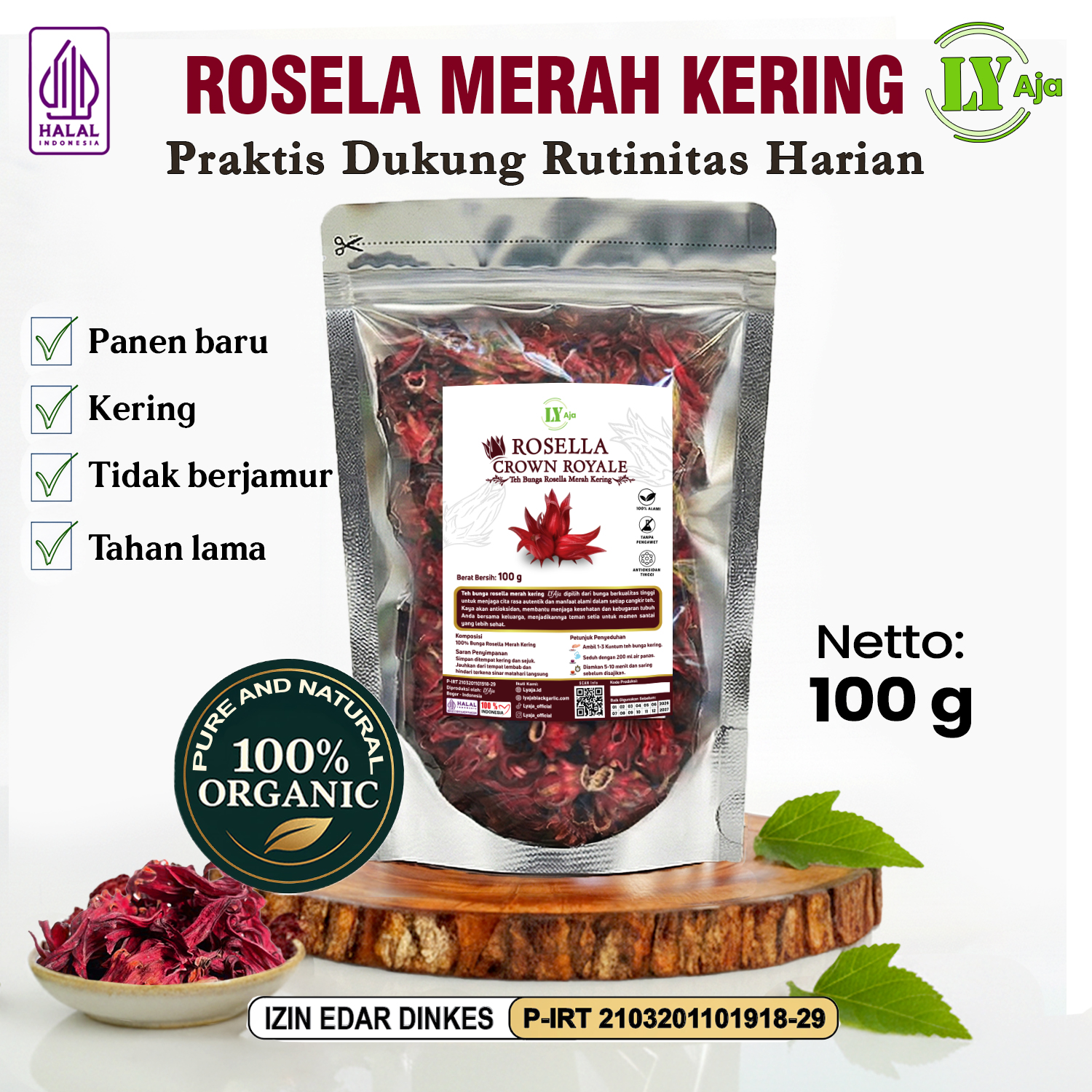 Teh Bunga Rosella Merah Kering Rosela Pouch Varian 50g-1kg LY Aja | Herbal Kaya Antioksidan - Gambar 8