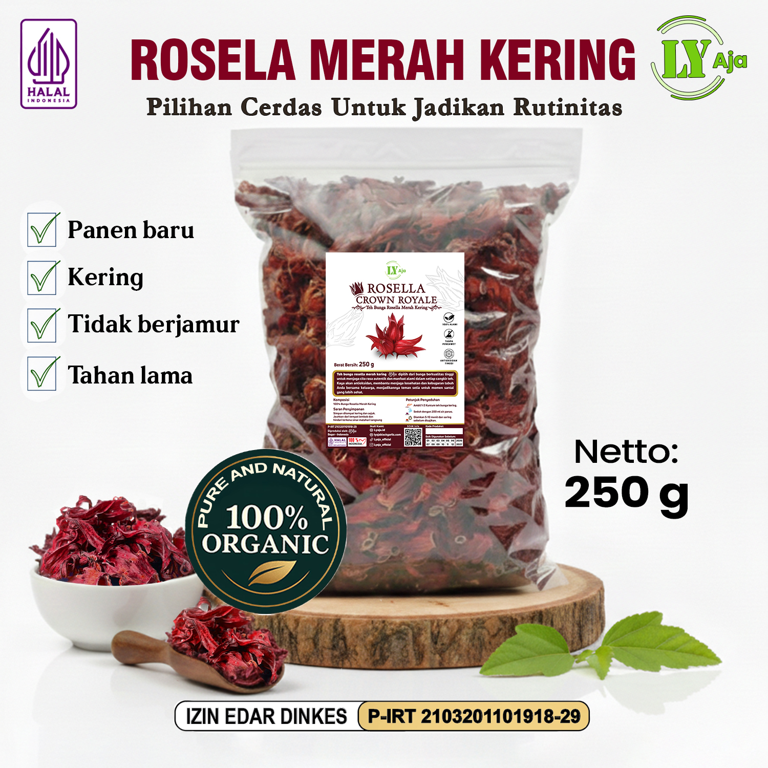 Teh Bunga Rosella Merah Kering Rosela Pouch Varian 50g-1kg LY Aja | Herbal Kaya Antioksidan - Gambar 5