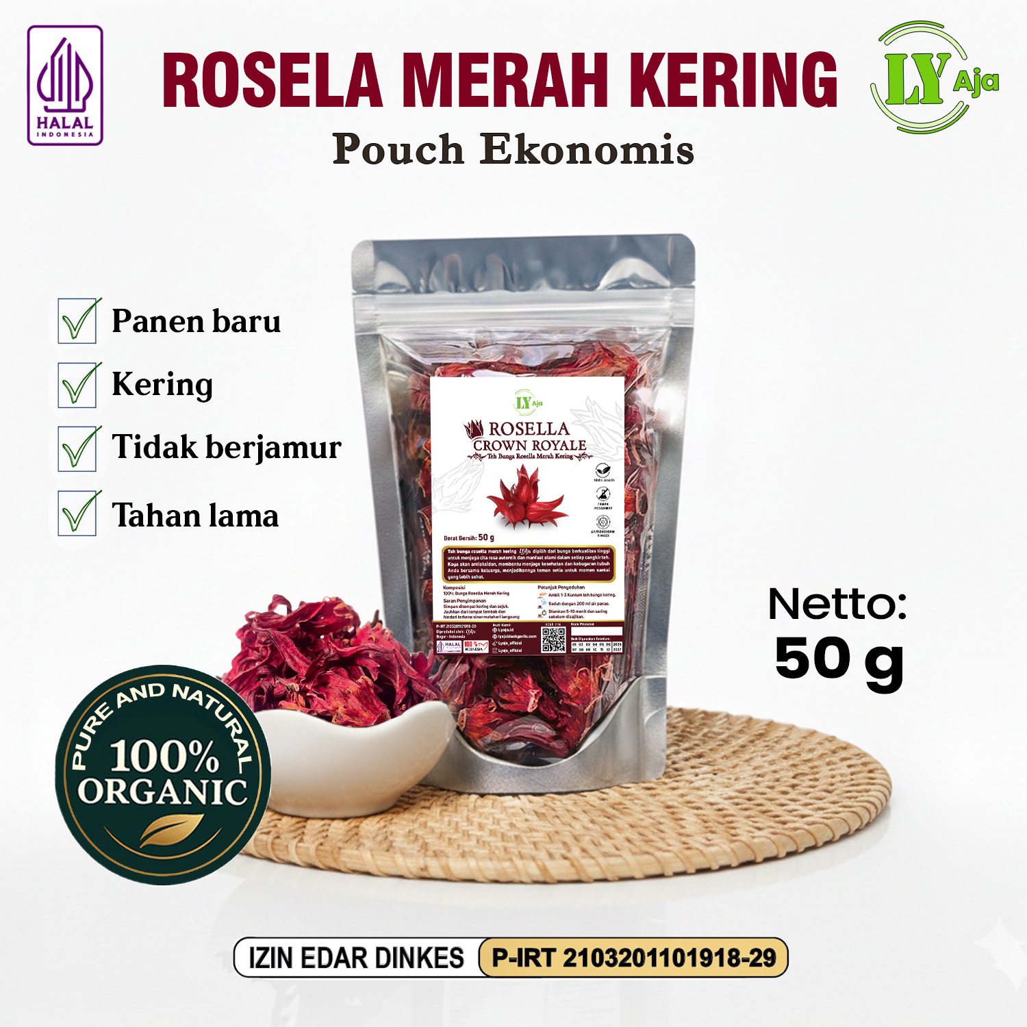Teh Bunga Rosella Merah Kering Rosela Pouch Varian 50g-1kg LY Aja | Herbal Kaya Antioksidan - Gambar 9