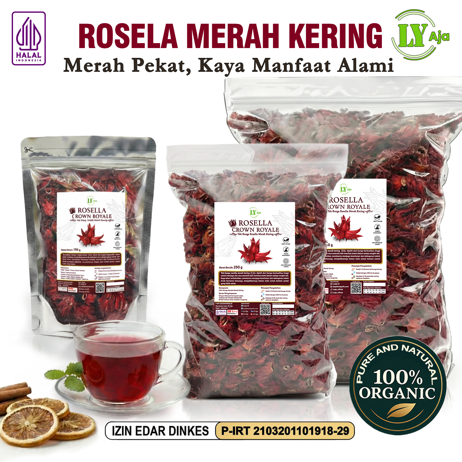 Teh Bunga Rosella Merah Kering Rosela Pouch Varian 50g-1kg LY Aja | Herbal Kaya Antioksidan