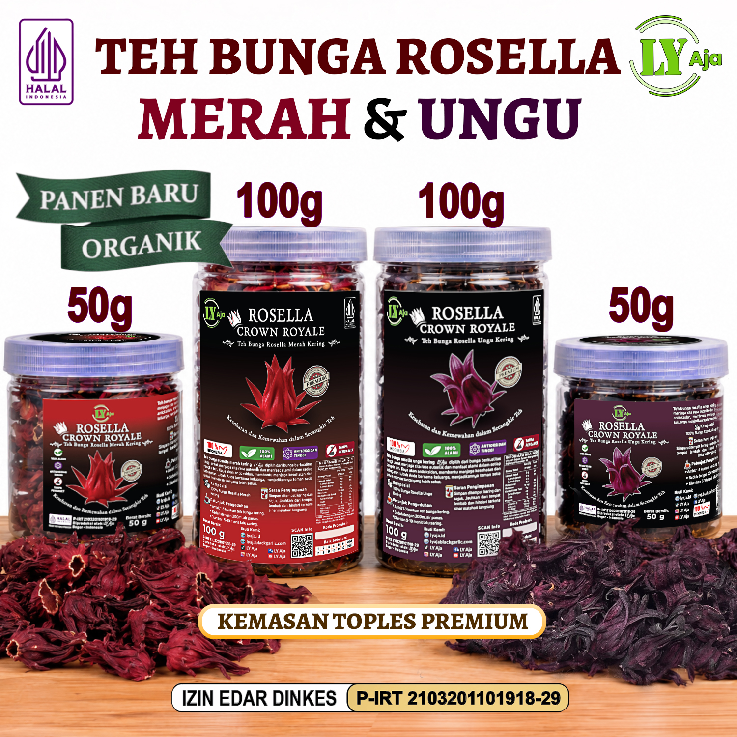 Teh Bunga Rosella Merah & Ungu Kering LY Aja Toples 50g & 100g
