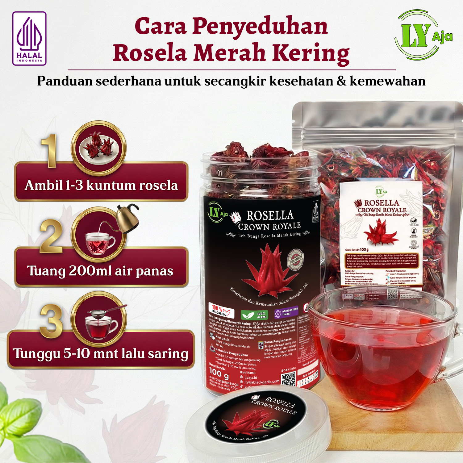 Teh Bunga Rosella Merah Kering LY Aja 100g - Toples Premium / Refill Pouch - Gambar 5