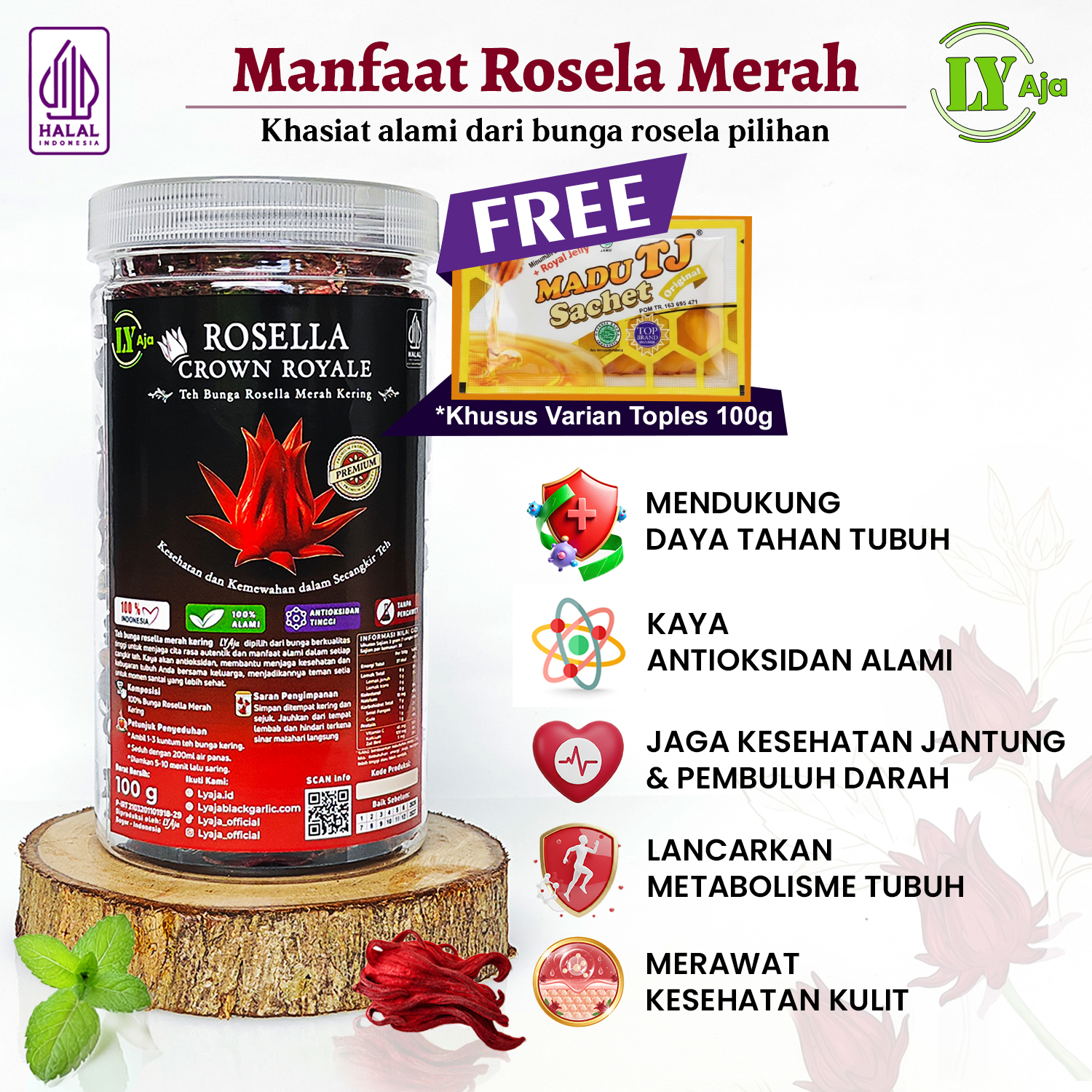 Teh Bunga Rosella Merah Kering LY Aja 100g - Toples Premium / Refill Pouch - Gambar 6
