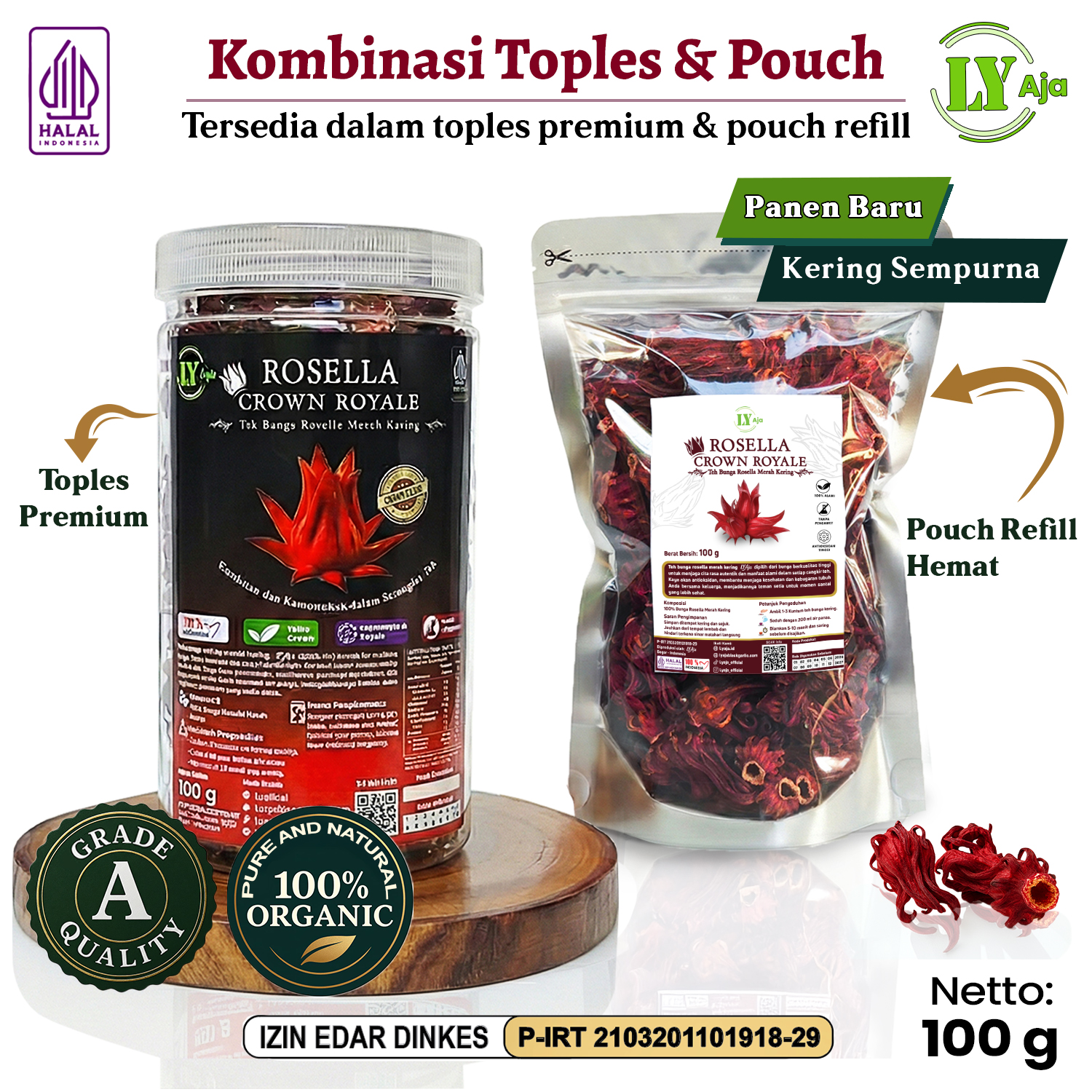Teh Bunga Rosella Merah Kering LY Aja 100g - Toples Premium / Refill Pouch - Gambar 7