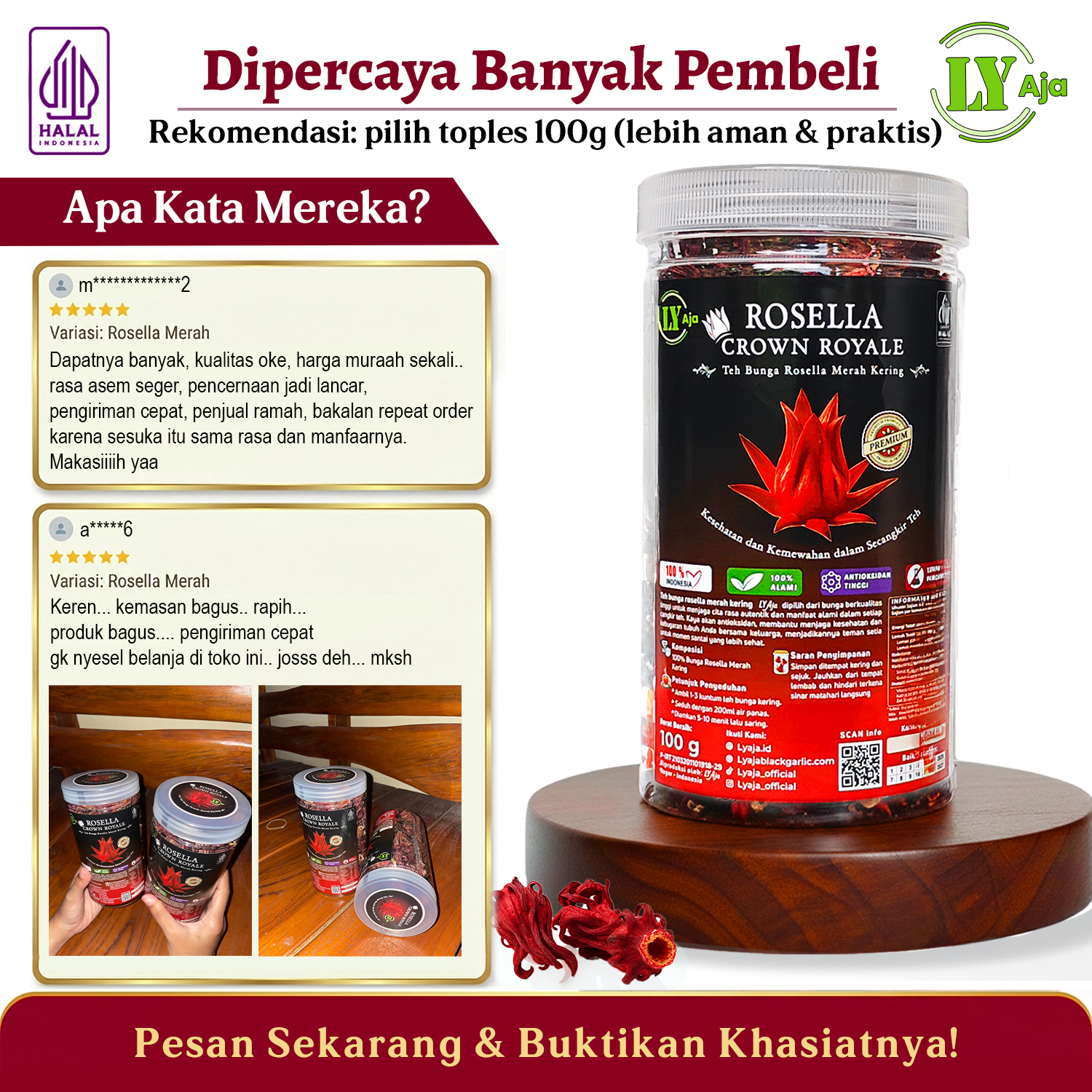 Teh Bunga Rosella Merah Kering LY Aja 100g - Toples Premium / Refill Pouch - Gambar 9