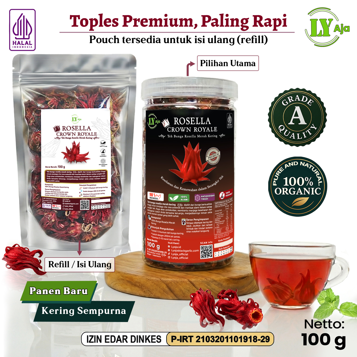 Teh Bunga Rosella Merah Kering LY Aja 100g - Toples Premium / Refill Pouch