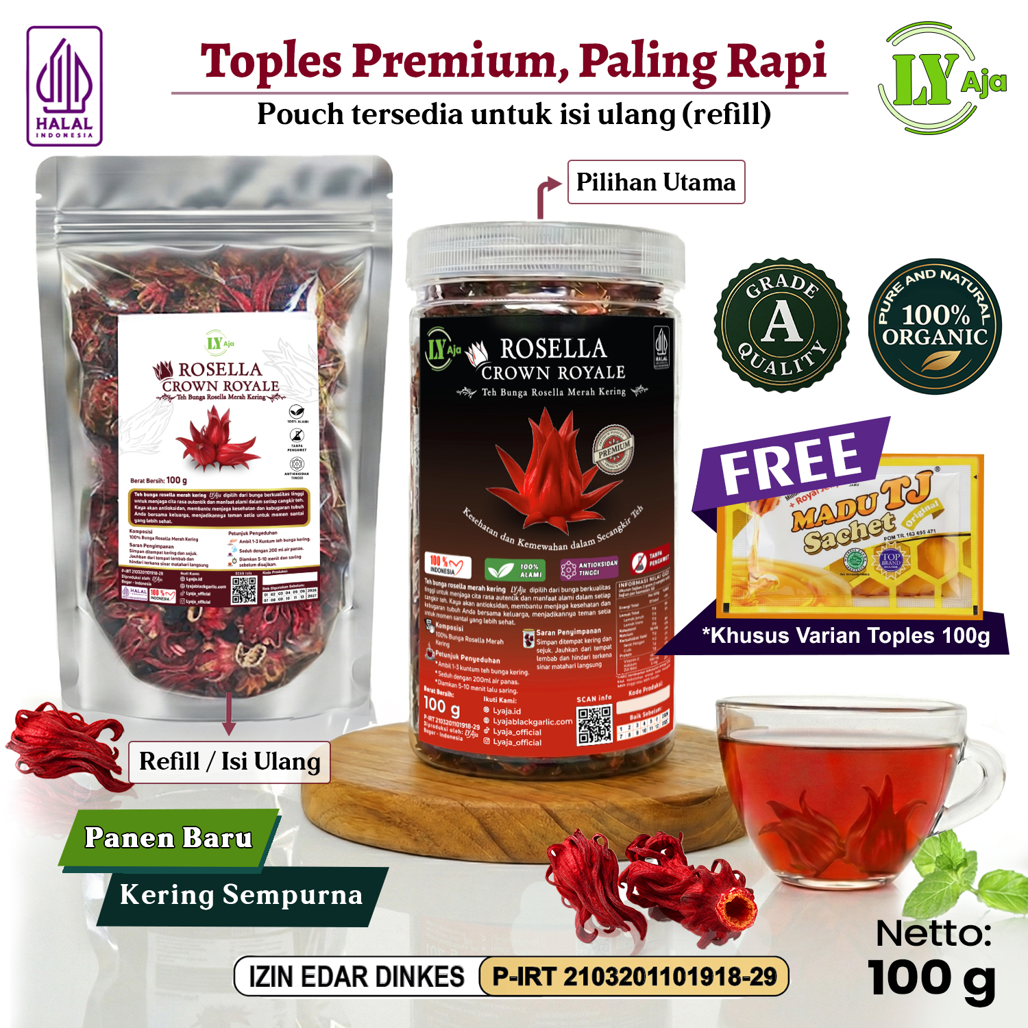 Teh Bunga Rosella Merah Kering LY Aja 100g - Toples Premium / Refill Pouch