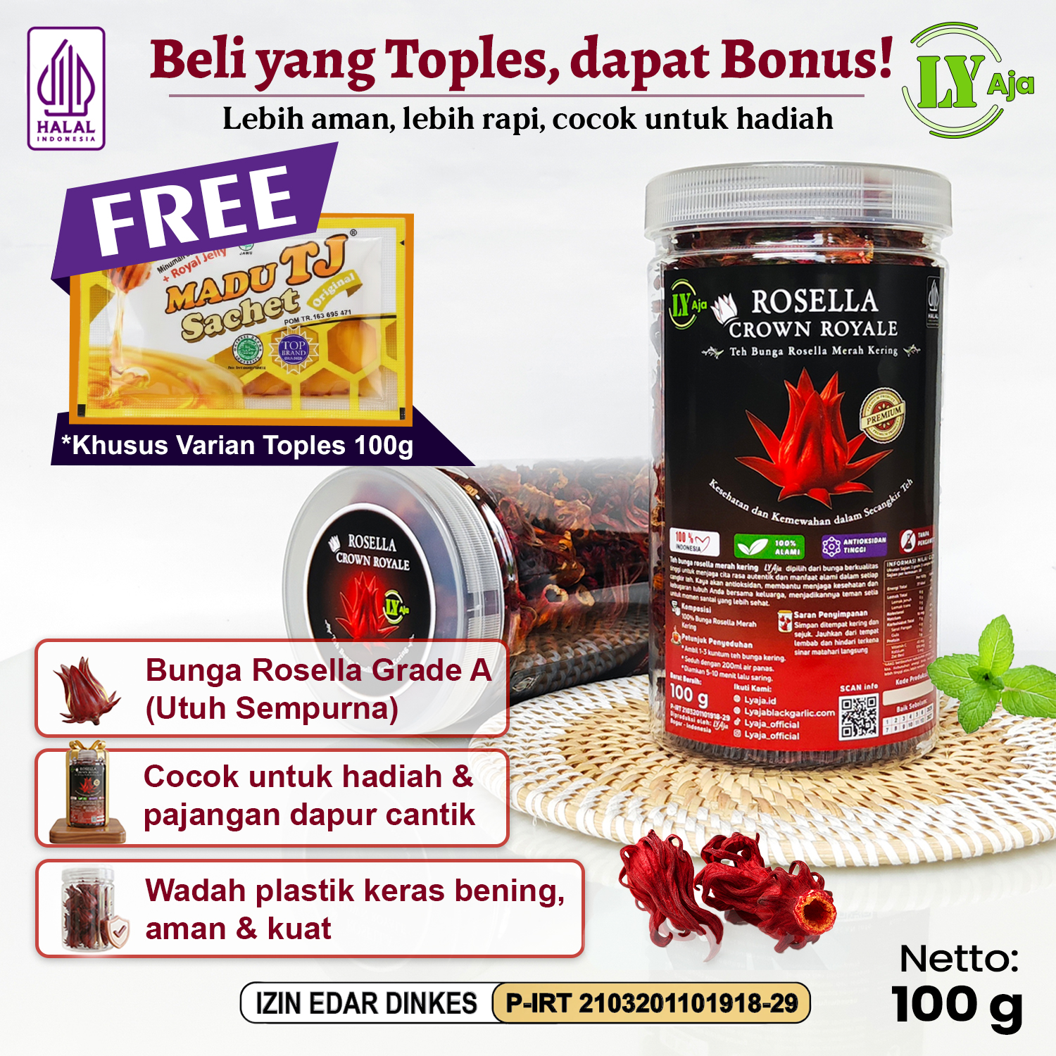 Teh Bunga Rosella Merah Kering LY Aja 100g - Toples Premium / Refill Pouch - Gambar 2