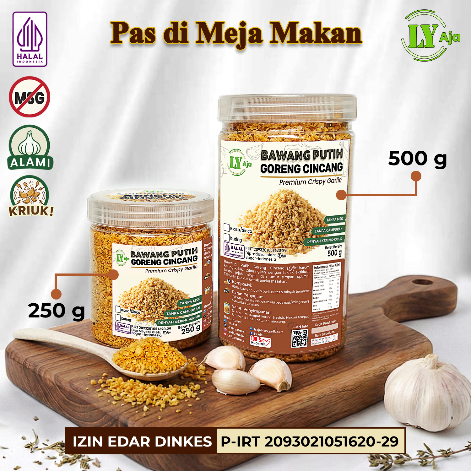 Bawang Putih Goreng Cincang Toples LY Aja Honan/Kating Varian 50g-1kg Tanpa MSG & Pengawet